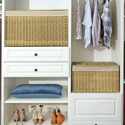 Woven Storage Basket with Lid Large 27.7 Gallon, Foldable Laundry Hamper with Metal Frame and Removable Liner for Home Storage