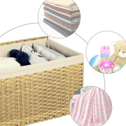 Woven Storage Basket with Lid Large 27.7 Gallon, Foldable Laundry Hamper with Metal Frame and Removable Liner for Home Storage