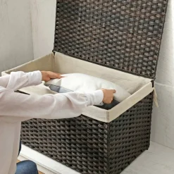 Woven Storage Basket with Lid Large 27.7 Gallon, Foldable Laundry Hamper with Metal Frame and Removable Liner for Home Storage
