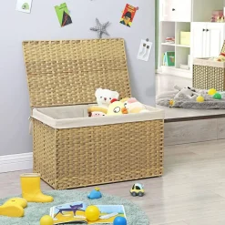 Woven Storage Basket with Lid Large 27.7 Gallon, Foldable Laundry Hamper with Metal Frame and Removable Liner for Home Storage