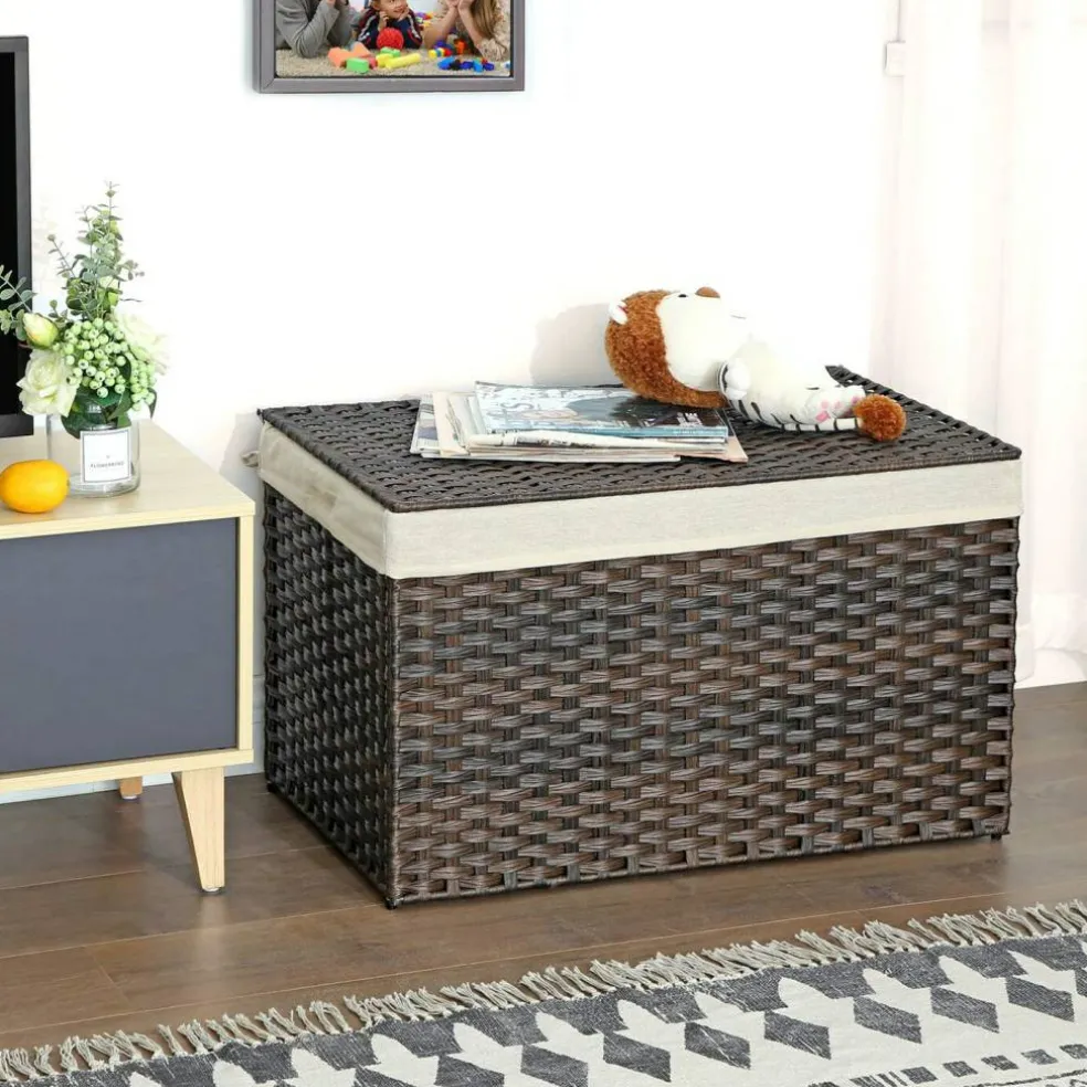 Woven Storage Basket with Lid Large 27.7 Gallon, Foldable Laundry Hamper with Metal Frame and Removable Liner for Home Storage