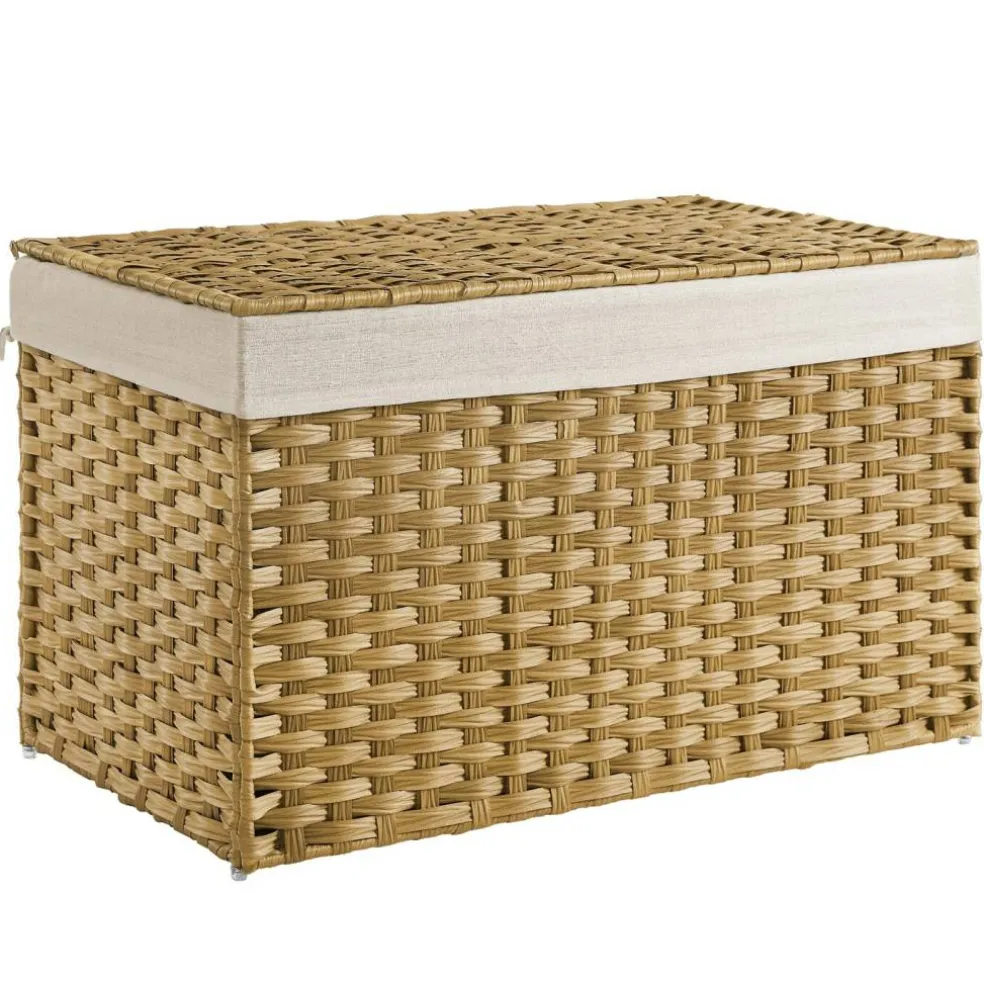 Woven Storage Basket with Lid Large 27.7 Gallon, Foldable Laundry Hamper with Metal Frame and Removable Liner for Home Storage