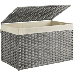 Woven Storage Basket with Lid Large 27.7 Gallon, Foldable Laundry Hamper with Metal Frame and Removable Liner for Home Storage