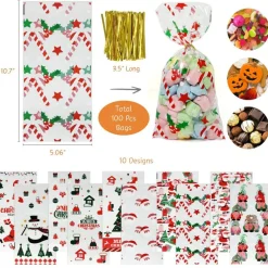 Wrapables Christmas Cellophane Treat Bags With Twist Ties for Candy, Cookies, Treats, Gifts and Party Favors (100pcs), Santa and Friends