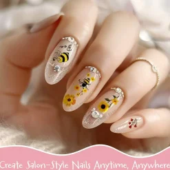Wrapables Colorful Self Adhesive Nail Art Decal Stickers (Set of 4), Yellow Flowers and Bees