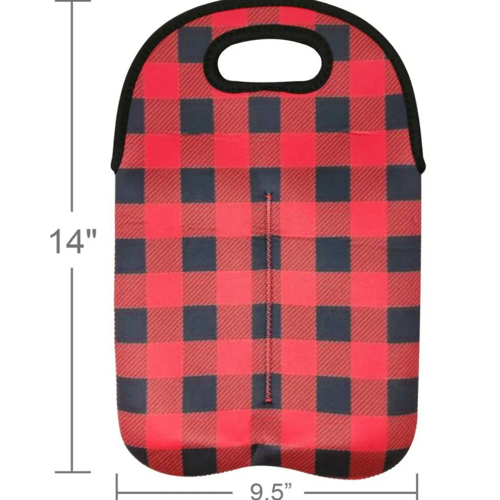 Wrapables Insulated Neoprene Wine Tote, Two Bottle / Red Checkers
