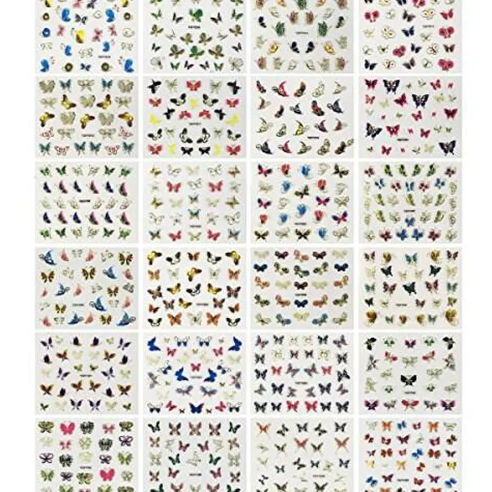 Wrapables 24 Sheets Multicolor Butterfly with Gold Trim Nail Stickers Nail Art Set (Multicolor Butterfly)