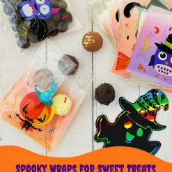 Wrapables Transparent Self-Adhesive 4" x 4" Candy and Cookie Bags for Party Favors, Trick or Treating (100pcs), Halloween