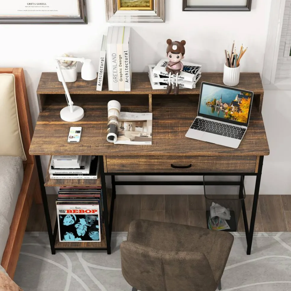 Writing Desk with Hutch, Drawer and Shelves, 42-inch Computer Desk with Power