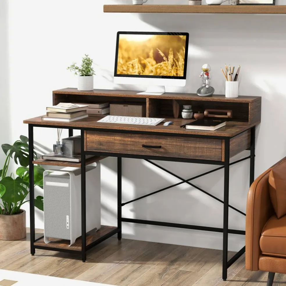Writing Desk with Hutch, Drawer and Shelves, 42-inch Computer Desk with Power