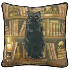 16" x 16" Black Cat & Bookshelf Throw Pillow by Ashland®