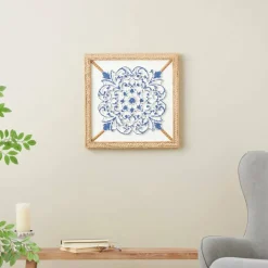 20" x 20" Blue Wood Floral Relief Wall Décor with Brown Woven Seagrass Frame