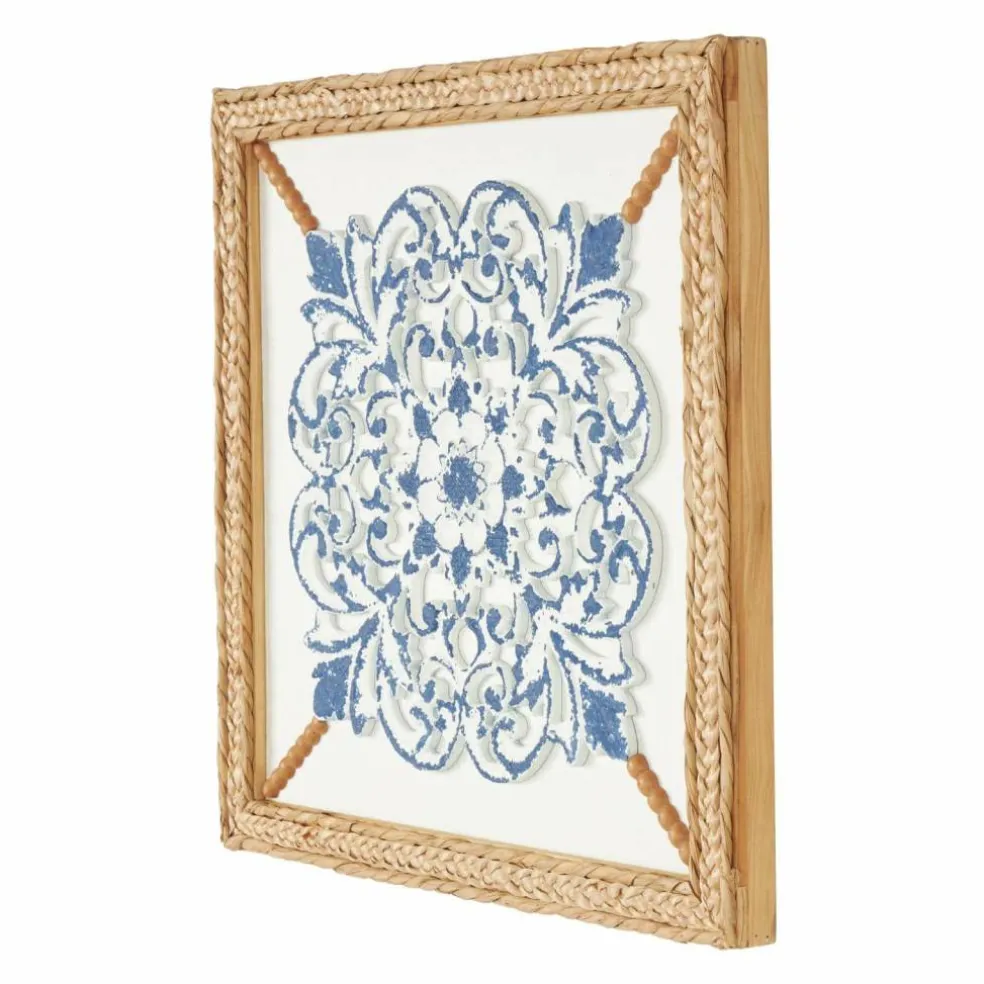 20" x 20" Blue Wood Floral Relief Wall Décor with Brown Woven Seagrass Frame
