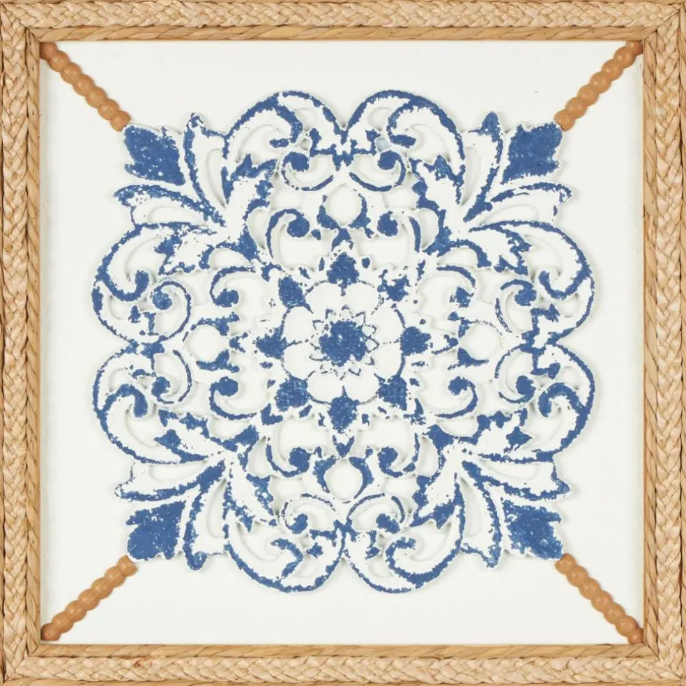 20" x 20" Blue Wood Floral Relief Wall Décor with Brown Woven Seagrass Frame