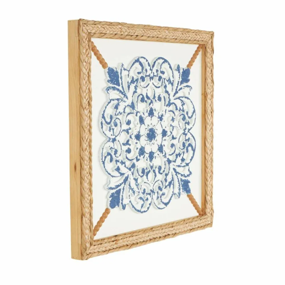 20" x 20" Blue Wood Floral Relief Wall Décor with Brown Woven Seagrass Frame