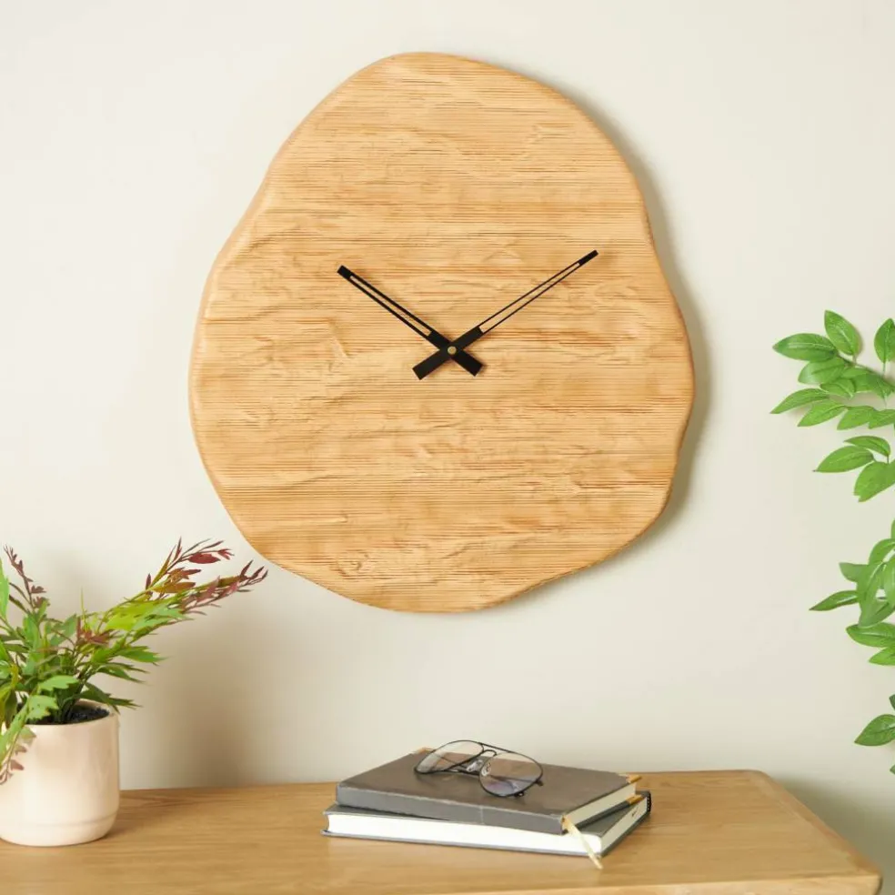 19" x 20" Brown Wood Wavy Decorative Wall Clock with Black Accents