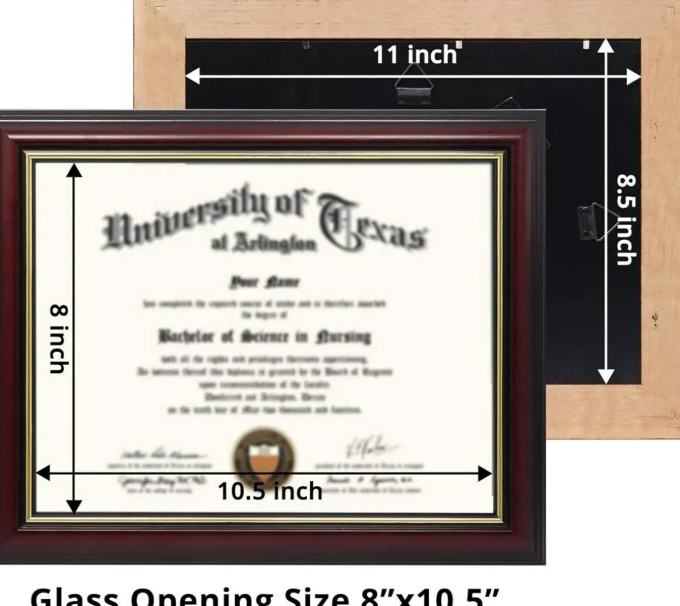 8.5x11 Certificate Diploma Frame 2 Pack, Solid Wood Document Frames with UV Protection Acrylic, Cherry Finish with Gold Trim, Wall Display Frame for Certificates, Diplomas and Awards