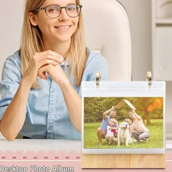 5x7 Desktop Flip Photo Album with Stand, Horizontal Tabletop Picture Display Album with 60 PVC Pockets, Wooden Base Metal Ring Photo Collection Frame for Home & Office Decor