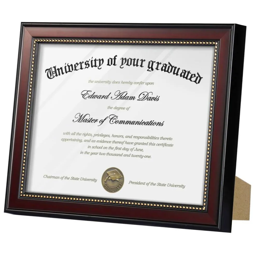 8.5x11 Diploma Certificate Frame with High Definition Glass, Degree Document Frame for Wall and Tabletop, Mahogany with Gold Beads, 1 Pack