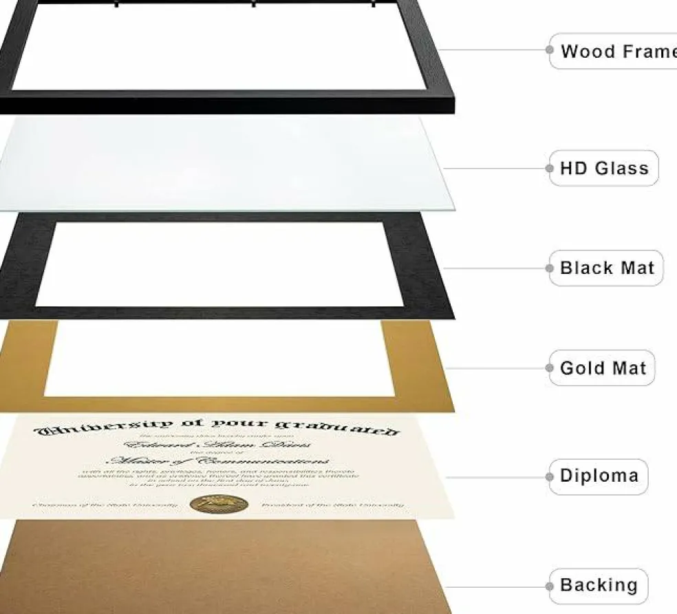 11x14 Diploma Frame Certificate Degree Document Frame with High Definition Glass, 8.5 x 11 with mat for Wall and Tabletop, Black Double Mat, 1 Pack