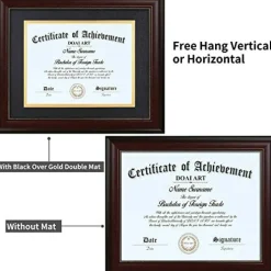 8.5 x 11 Diploma Frame - Classic Mahogany Display with Black Over Gold Mat, Fits 8.5x11-Inch with Mat or 11x14 Document & Certificate Without Mat, Wide Molding with Gold Beads, Includes Hanging Hardware for Wall and Tabletop Display
