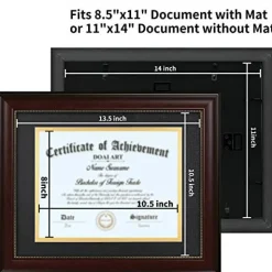8.5 x 11 Diploma Frame - Classic Mahogany Display with Black Over Gold Mat, Fits 8.5x11-Inch with Mat or 11x14 Document & Certificate Without Mat, Wide Molding with Gold Beads, Includes Hanging Hardware for Wall and Tabletop Display