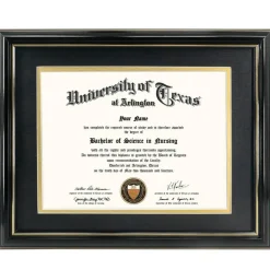 8.5x11 Diploma Frame with Black over Gold Mat or Display 11x14 Certificate without Mat,Solid Wood & Tempered Glass,Glossy Black Finish with Gold Trim