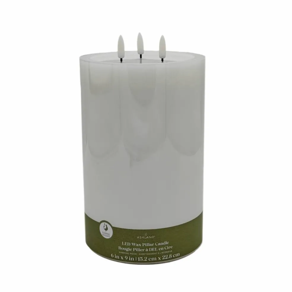 6" x 9" Flickering 3-Wick LED Wax Pillar Candle by Ashland®