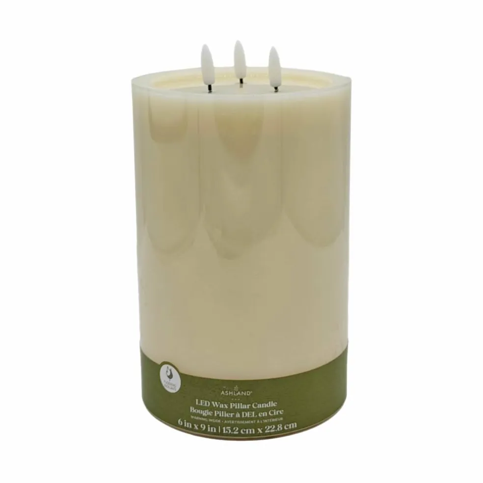 6" x 9" Flickering 3-Wick LED Wax Pillar Candle by Ashland®