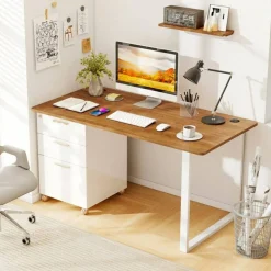 55 x 28 Inch Desk Tabletop, Rectangle Desktop Replacement with 2 Cable Holes, 1-Inch-Thick Work Surface for Sit to Stand Desk, White