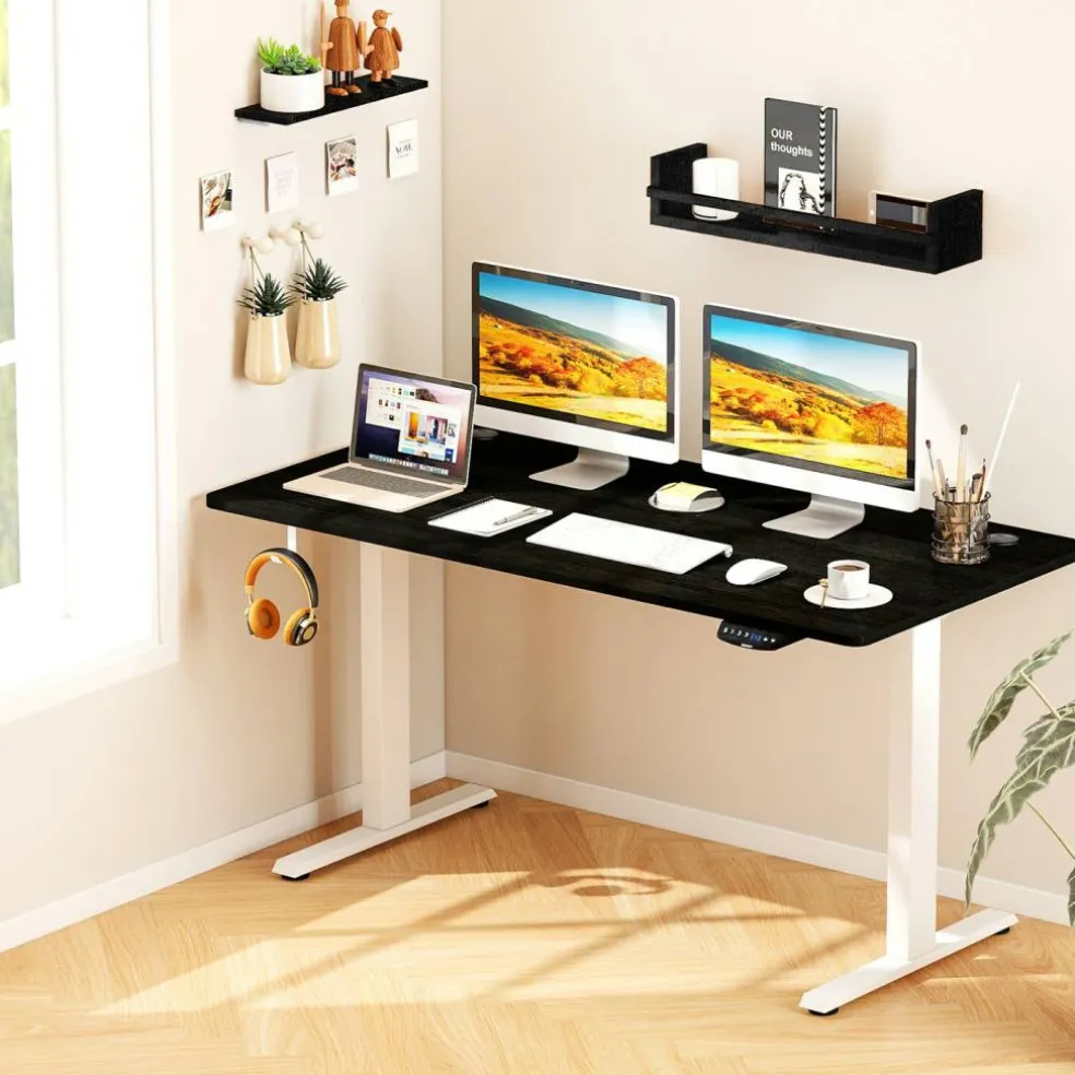 55 x 28 Inch Desk Tabletop, Rectangle Desktop Replacement with 2 Cable Holes, 1-Inch-Thick Work Surface for Sit to Stand Desk, White