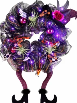 18 x 30 Inch Halloween Wreath with 30 LED Purple Lights, Witch Hat and Legs Front Door Wreath, Black Green Purple Mesh Decor with Glitter Spiders, Berries and Wired Ribbon for Indoor Outdoor Halloween Party Home Decor