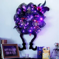 18 x 30 Inch Halloween Wreath with 30 LED Purple Lights, Witch Hat and Legs Front Door Wreath, Black Green Purple Mesh Decor with Glitter Spiders, Berries and Wired Ribbon for Indoor Outdoor Halloween Party Home Decor