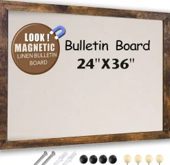 36 x 24 Inch - Rustic Wood Framed Cork Board with Linen