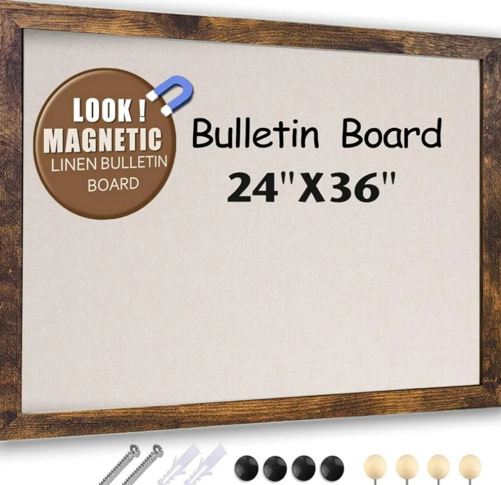 36 x 24 Inch - Rustic Wood Framed Cork Board with Linen