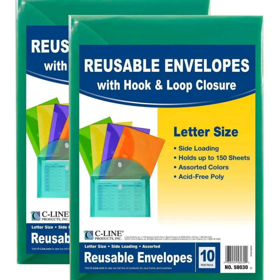 XL Reusable Envelopes, Hook and Loop Closure, 8 1/2 x 11, Assorted Colors, 10 Per Pack, 2 Packs