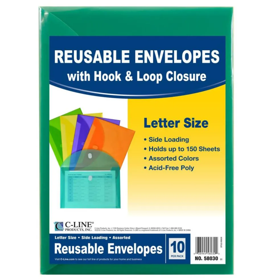XL Reusable Envelopes, Hook and Loop Closure, 8 1/2 x 11, Assorted Colors, Pack of 10