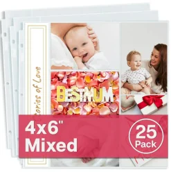 12x12 Photo Album Refill Pages, 25 Pack Holds 250 Photos, 4x6 Photo Sleeves for 3 Ring Binder, Mixed Layout Scrapbook Page Protectors, Acid-Free Poly