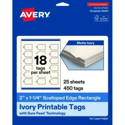 2" x 1-1/4" Rectangle Scalloped Edge, Matte Ivory Printable Tags