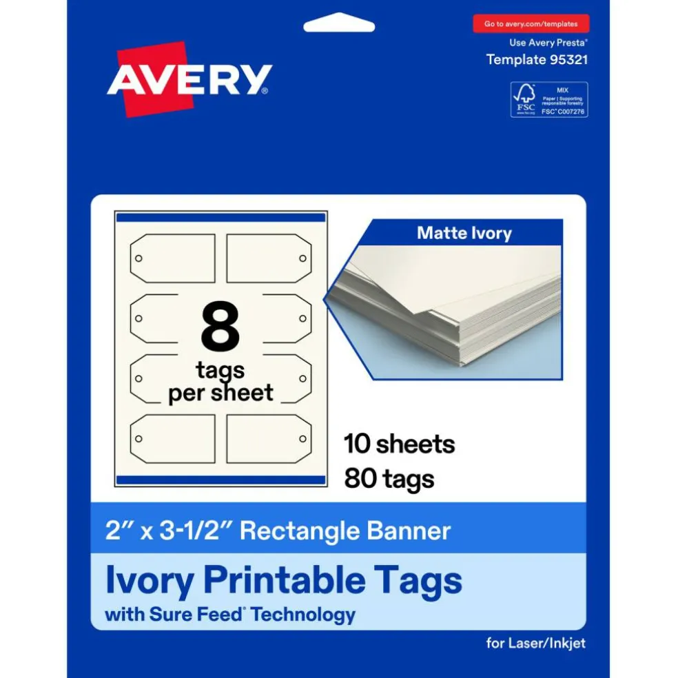 2" x 3-1/2" Rectangular Banner, Matte Ivory Printable Tags
