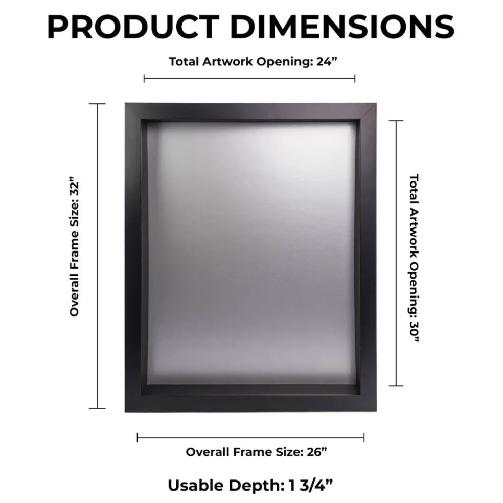 24x30 Shadow Box Frame Black Wood With a 1 3/4" Usable Display Depth Includes a Silver Acid-Free Backing Board, UV Resistant Acrylic, and Hanging Hardware