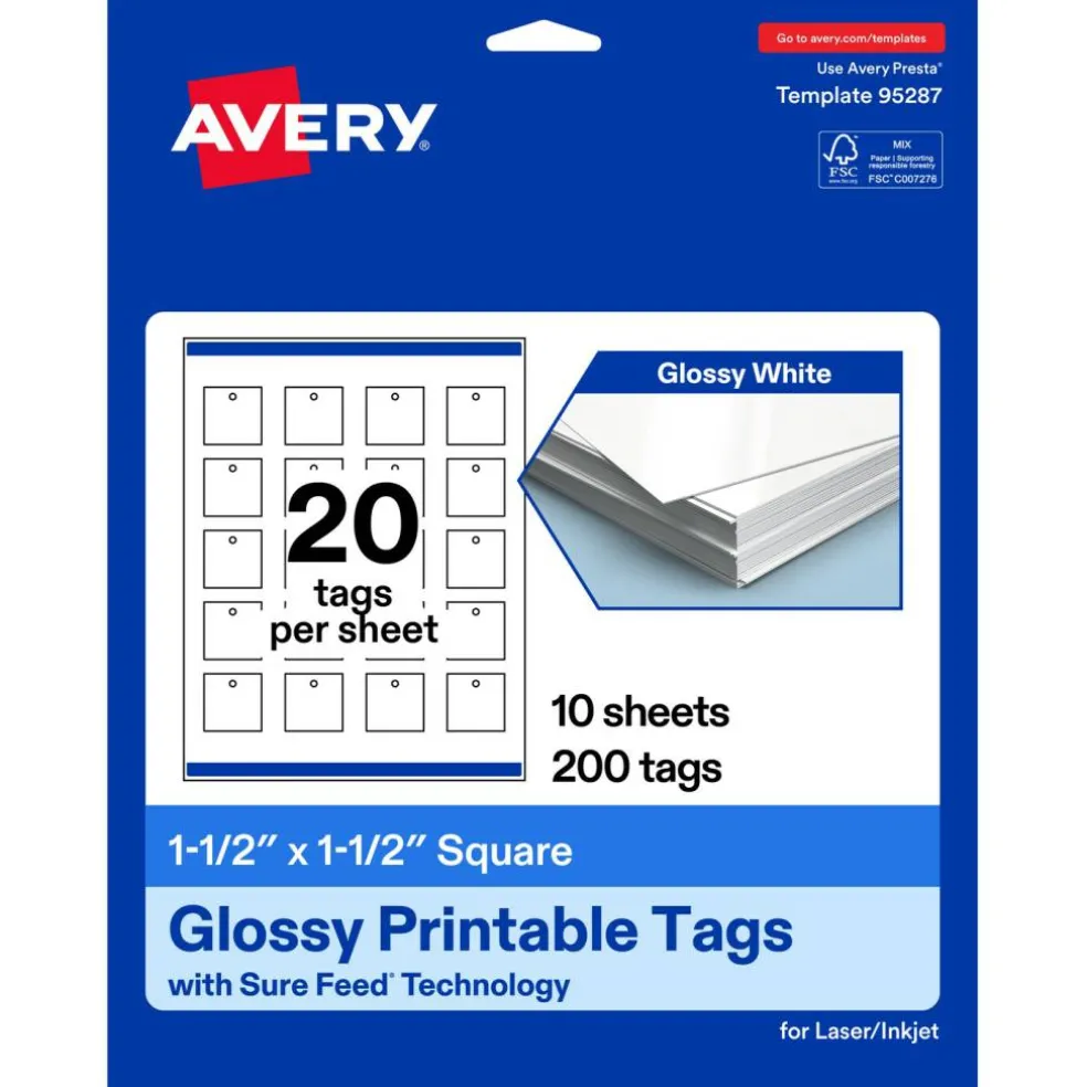1-1/2" x 1-1/2" Square, Glossy White Printable Tags