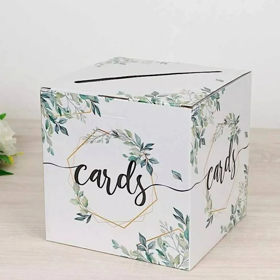 8" x 8" White Gold Greenery Theme Money Card Box Geometric Foil Print Events