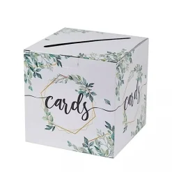 8" x 8" White Gold Greenery Theme Money Card Box Geometric Foil Print Events