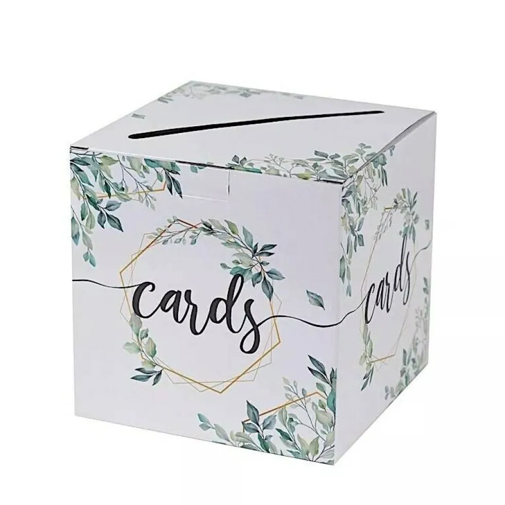 8" x 8" White Gold Greenery Theme Money Card Box Geometric Foil Print Events