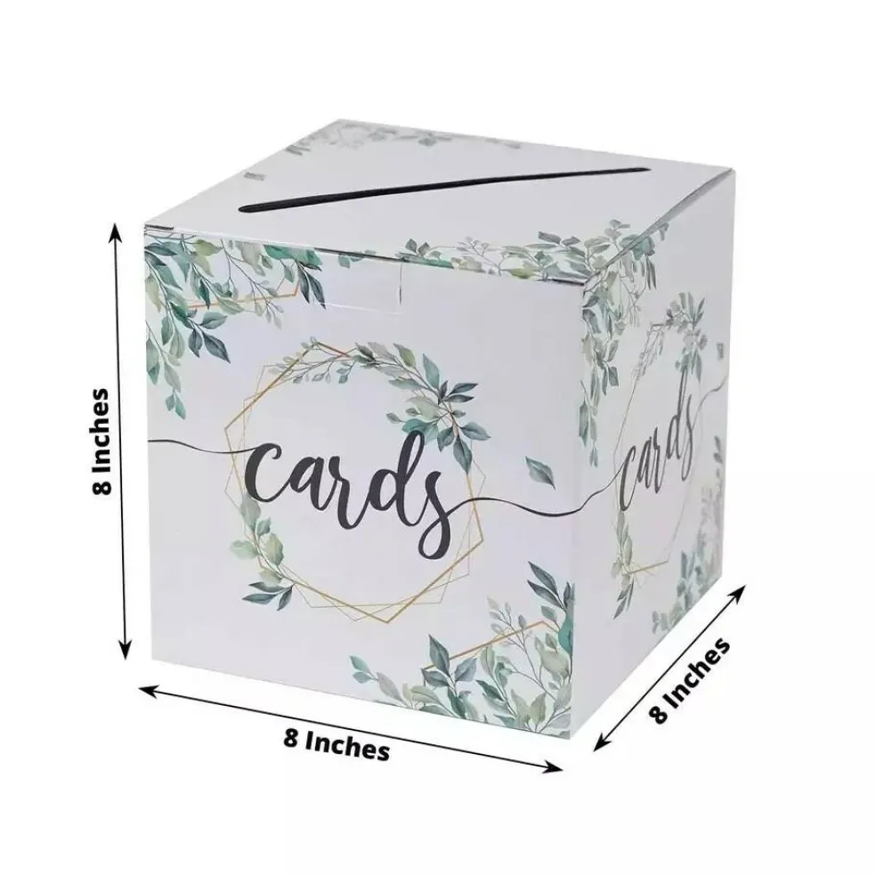 8" x 8" White Gold Greenery Theme Money Card Box Geometric Foil Print Events