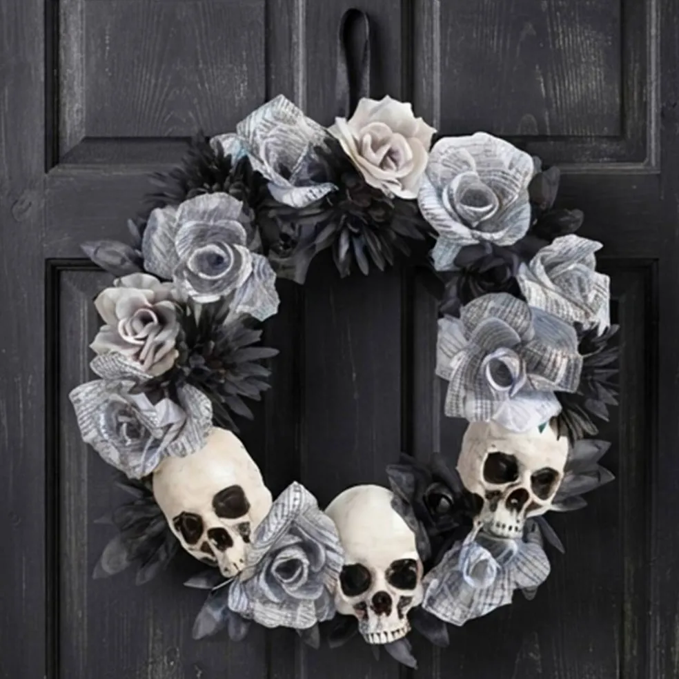 17 1/2" x 17 1/2" White Roses Wreath with Skulls for Wall Displays
