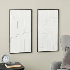 32" x 17" White Wood Geometric Home Wall Décor Set with Black Frame