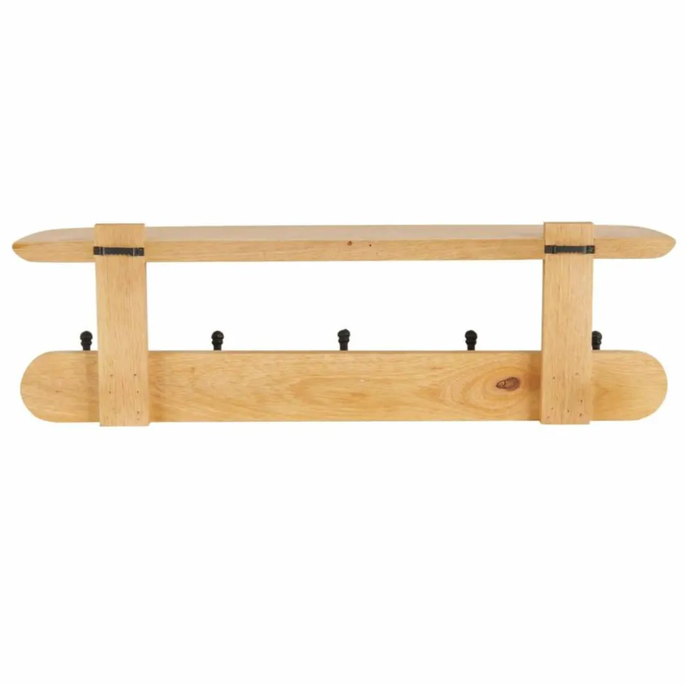25.5" x 6" x 8" Brown Handmade Mango Wood Single Shelf with 5 Hooks