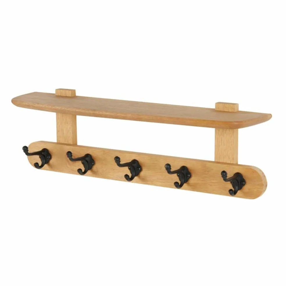 25.5" x 6" x 8" Brown Handmade Mango Wood Single Shelf with 5 Hooks